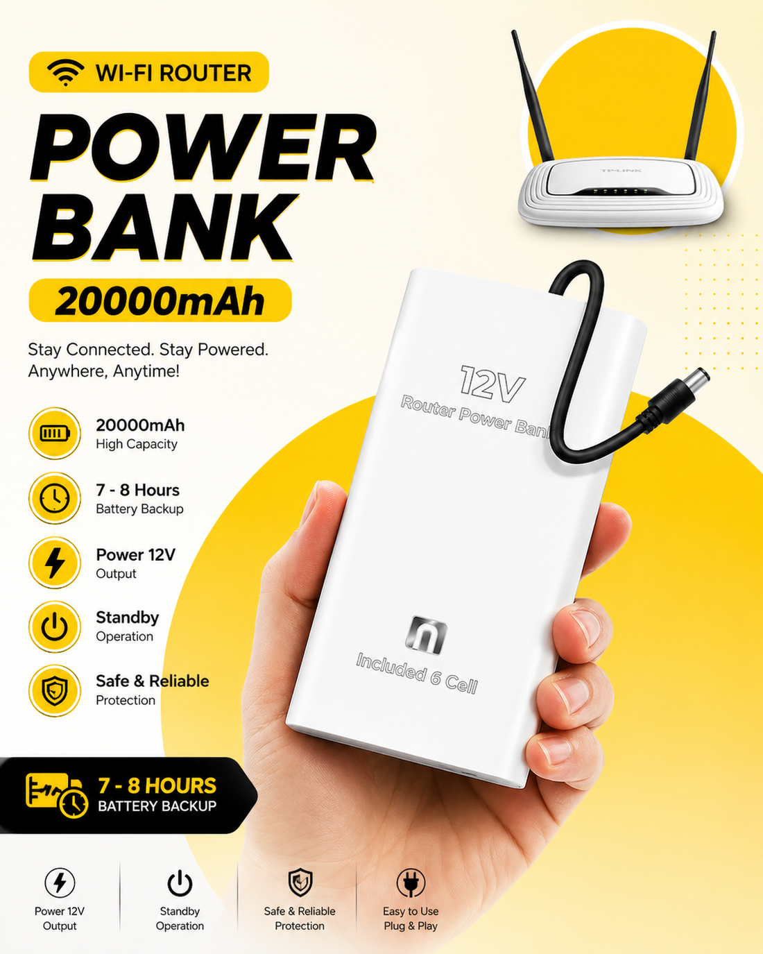 WiFi Router Power Bank – 20000mAh (12V High Capacity Backup Device)